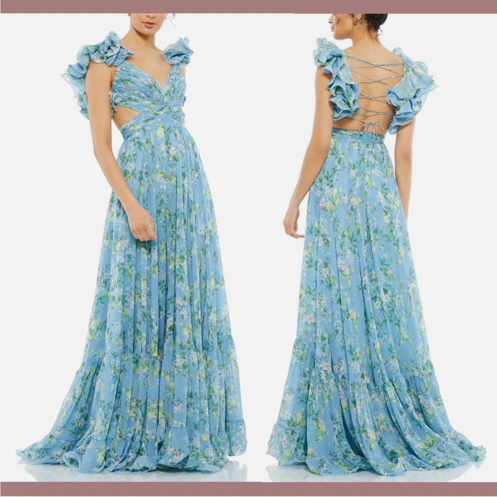 NWT $598 Mac Duggal [ 2‎ ] Ruffle Tiered Floral Cut out Chiffon Gown in Blue